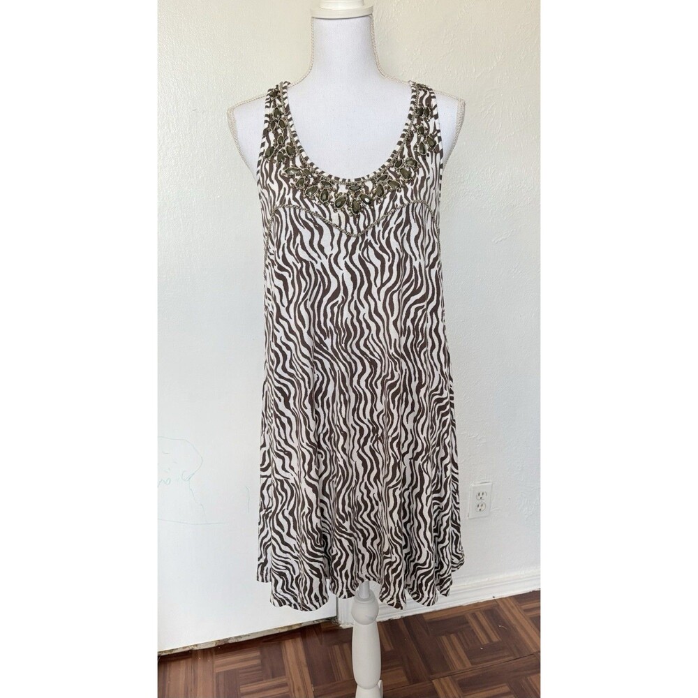 Faith Vintage Brown & White Animal Print Dress With Rhinestones Neck Line Size L